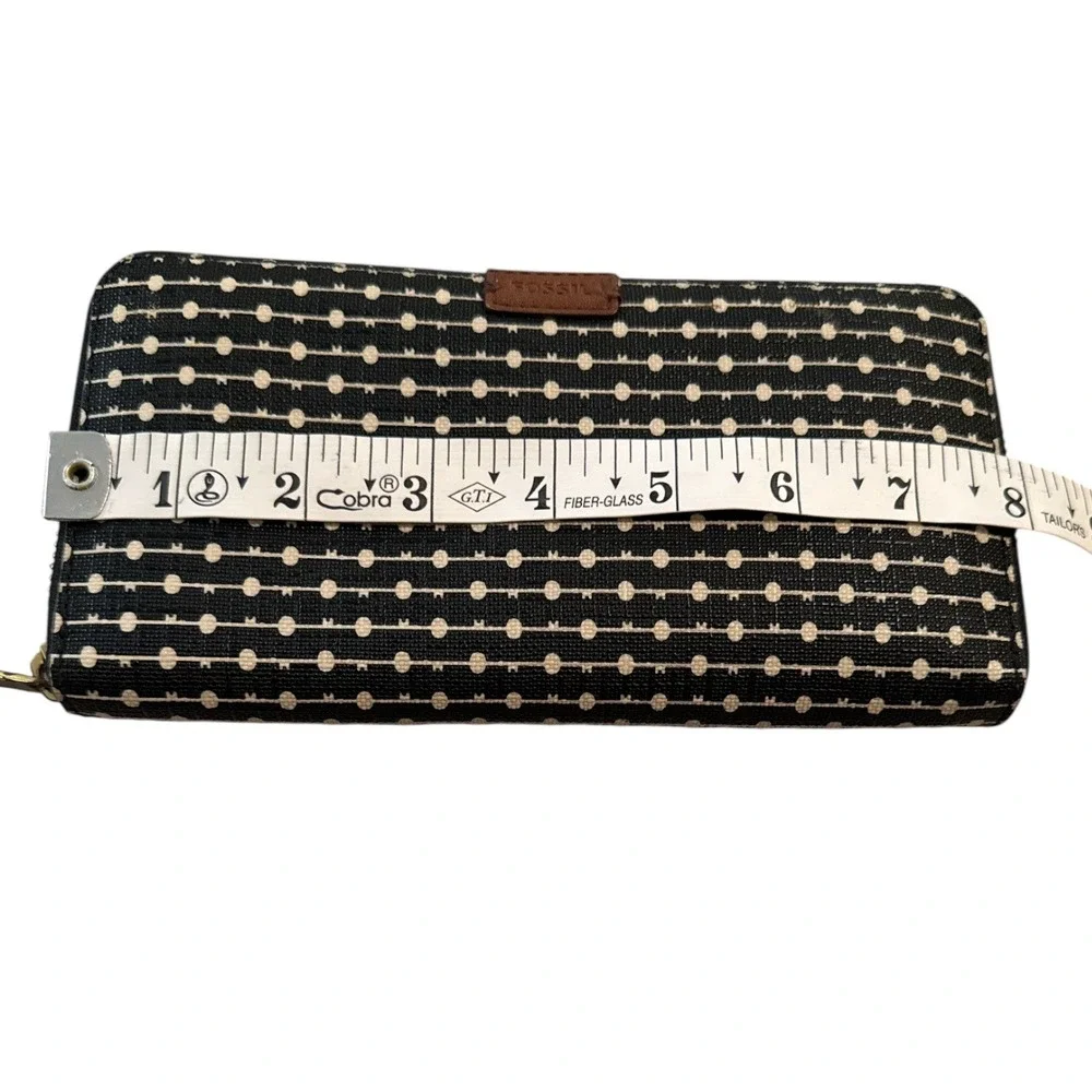 Fossil Black White Geometric Dot Zip Around Wallet‎ Manmade Material